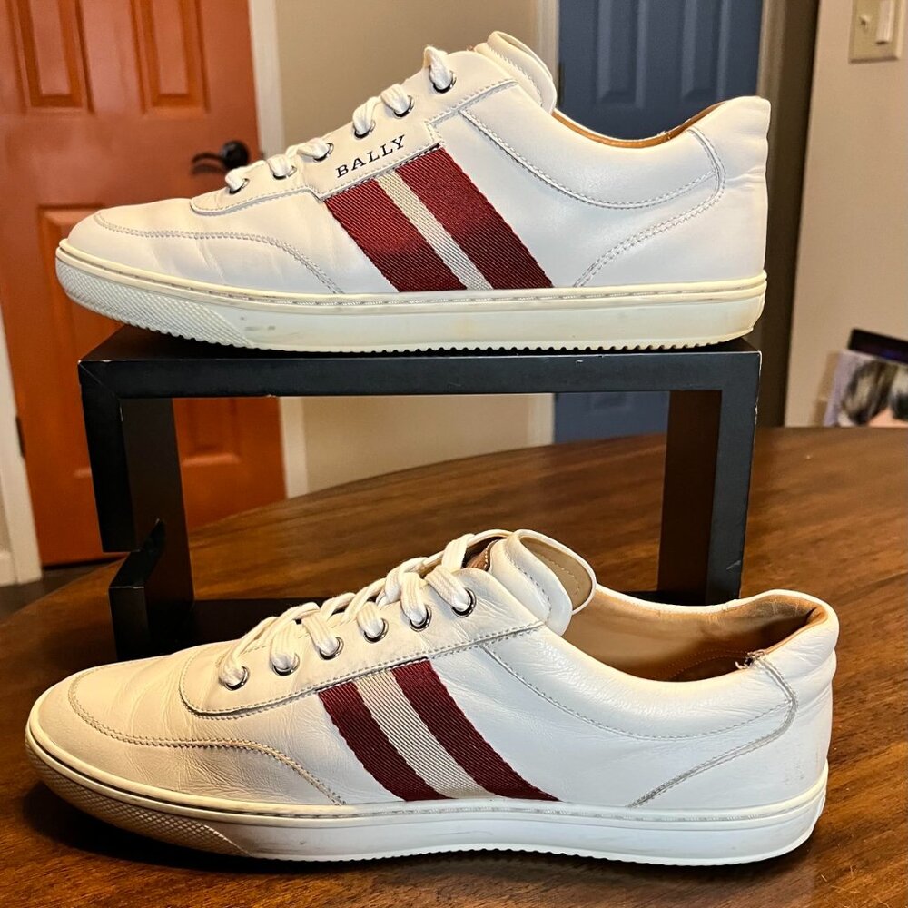 Swiss Brand Bally Oriano Men's White Leather Sneakers Signature Stripes Size 10D - Picture 4 of 10